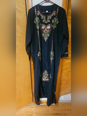 Egyptian Owl Embroidered Black Maxi Dress with Gold & Red Accents